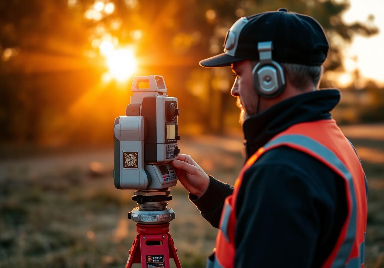 Surveyor with GNSS receiver in the field